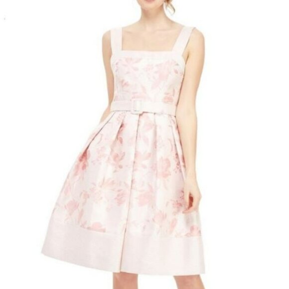 Gal Meets Glam Ivory Pink Floral Jacquard Belted Garden Dress - Picture 2 of 11